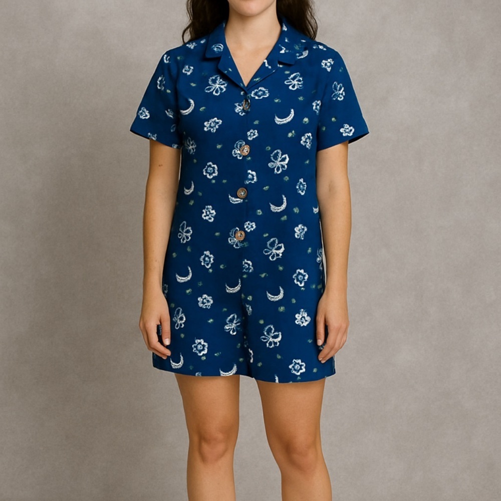 Consept Collective Block Trippy Dabu Evil Eye Print Boho Romper In Blue Sz M